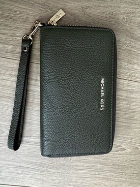 Michael Kors Dark Green Pebbled Leather Wristlet Wallet